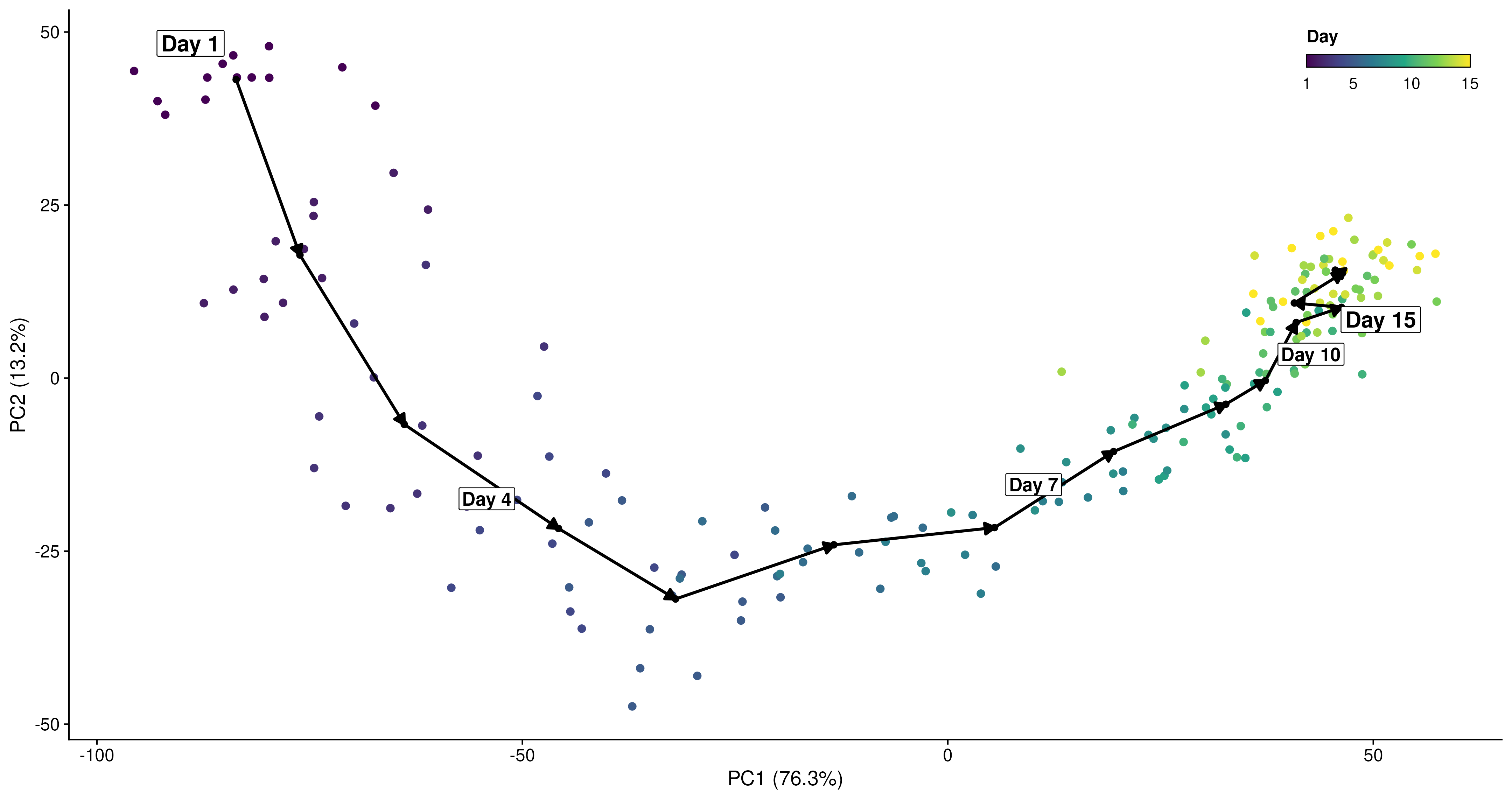 Samples and the ordered day-centroid polyline in the first two principal components.